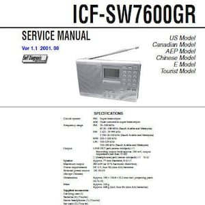 May include: A service manual for the Sony ICF-SW7600GR FM Stereo/SW/MW/LW PLL Synthesized Receiver. The manual includes specifications, a circuit diagram, and a list of supplied accessories.