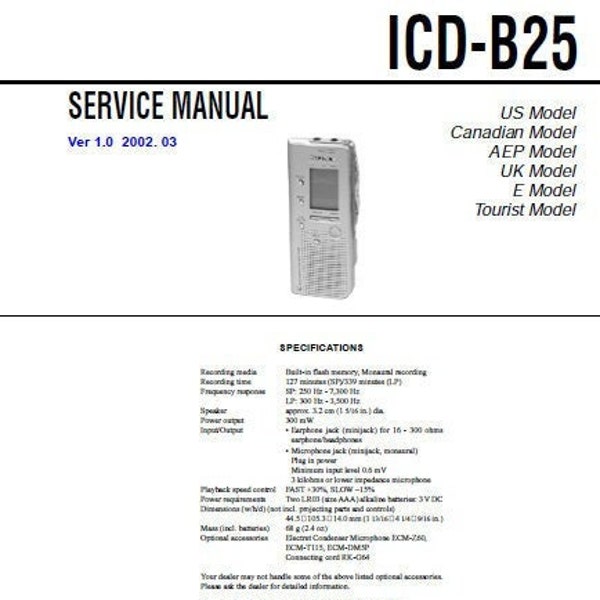 SONY ICD-B25 Service Manual inc schems IC Recorder