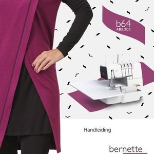 May include: A woman wearing a magenta top with a black undershirt and black pants. The top has a unique design with a diagonal seam. The image also shows a white sewing machine with the text "b64 Airlock" and "bernette SWISS DESIGN" on a pink background.