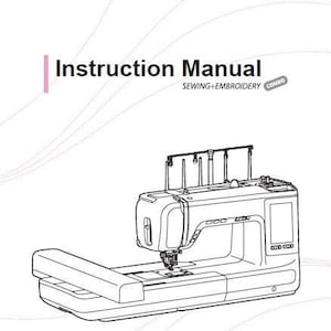 May include: A black and white line drawing of a sewing and embroidery machine with the text "Instruction Manual Sewing-Embroidery Combo" at the top of the page. The machine has a large needle and a foot pedal. There are two QR codes at the bottom of the page, one for the Artist Tool app and one for the Google Play store.