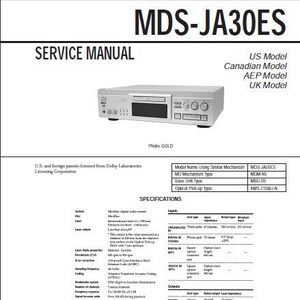 May include: A service manual for the Sony MDS-JA30ES MiniDisc Deck. The manual includes specifications for the device, including the laser system, sampling frequency, and input/output jacks. The manual also includes a photo of the device, which is silver and has a gold trim.