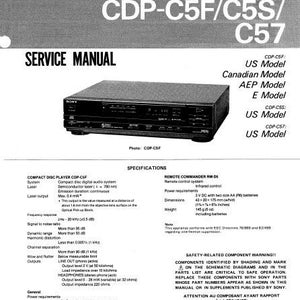 Puede incluir: Manual de servicio en blanco y negro para un reproductor de discos compactos Sony CDP-C5F/C5S/C57. El manual incluye especificaciones, advertencias de seguridad y diagramas. El reproductor es negro y tiene una pantalla.