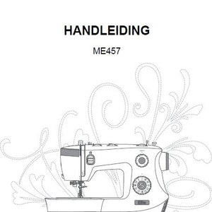 May include: A black and white illustration of a Singer sewing machine with the model number ME457. The machine is surrounded by decorative stitching patterns.