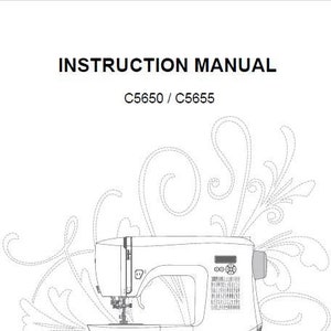 May include: A black and white line drawing of a Singer sewing machine with the model numbers C5650 / C5655 and the Singer logo. The image is set against a background of stylized floral designs.