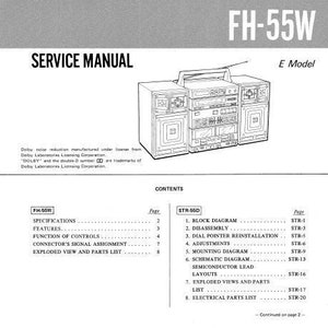 Puede incluir: Manual de servicio en blanco y negro para el sistema de componentes compactos de alta densidad FH-55W E Model Sony. El manual incluye una tabla de contenido con secciones para especificaciones, características, funcionamiento de los controles, asignación de señal del conector, vista explotada y lista de piezas, diagrama de bloques, desmontaje, reinstalación del puntero del dial, ajustes, diagrama de montaje, diagrama esquemático, disposición de las pistas de los semiconductores, vistas explotadas y lista de piezas, y lista de piezas eléctricas.