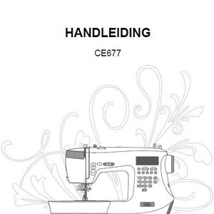 May include: A black and white line drawing of a Singer sewing machine with a digital display and the model number CE677. The image is surrounded by a decorative floral design.