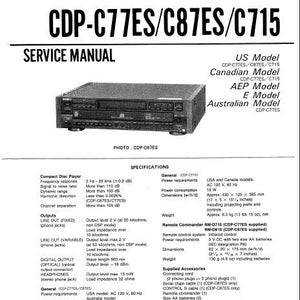Puede incluir: Un reproductor de CD negro con el número de modelo CDP-C77ES/C87ES/C715. El manual de servicio del reproductor se titula "Service Manual". La imagen también muestra los diferentes números de modelo para los modelos de EE. UU., Canadá, AEP, E y Australia.