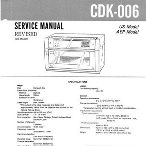 May include: Black and white service manual for a Sony CDK-006 Auto Disc Loader. The manual includes specifications for the player and loader, as well as safety-related component warnings.