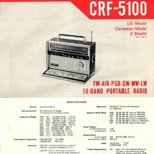 SONY CRF-5100 Service Manual inc schems Fm Air psb Sw Mw Lw 10 Band Portable Radio Receiver