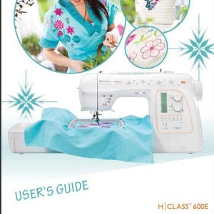 May include: White Husqvarna Viking H|Class 600E embroidery machine with a blue fabric hoop and a blue fabric with a floral design in the hoop. The machine has a digital display and several buttons. The image also includes a woman in a blue and pink floral dress, a basket with flowers, and a white background with snowflakes.