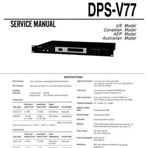 May include: Black Sony DPS-V77 service manual. The image shows a black multi-effect processor with a digital display and various input/output jacks. Specifications and model information are also included.