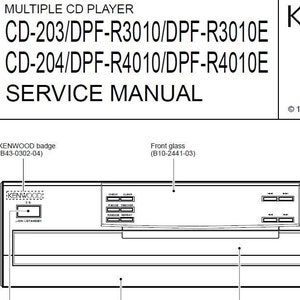 May include: A black and white line drawing of a CD player with the text "MULTIPLE CD PLAYER" and "KENWOOD" on the top. The model numbers "CD-203/DPF-R3010/DPF-R3010E" and "CD-204/DPF-R4010/DPF-R4010E" are listed below. The text "SERVICE MANUAL" is at the bottom of the drawing. The drawing also includes a close-up of the front of the CD player with labels for the "KENWOOD badge", "Front glass", and "Knob".