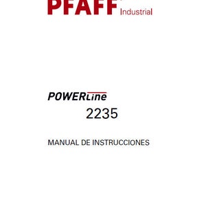 Może przedstawiać: Czerwono-białe logo firmy Pfaff Industrial, producenta maszyn do szycia. Logo zawiera tekst "Pfaff" i "Industrial". Pod logo znajduje się tekst "POWERLine 2235" i "MANUAL DE INSTRUCCIONES".
