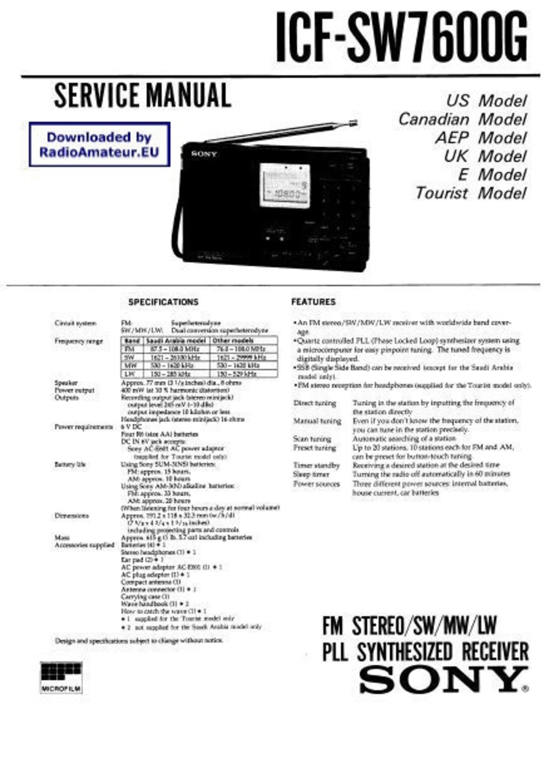 SONY ICF-SW7600G Service Manual Inc Schems Fm Stereo Sw Mw SONY ICF-SW7600G Service Manual Inc Schems Fm Stereo Sw Mw