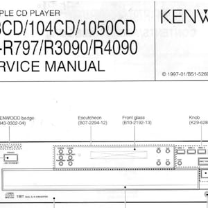May include: A black and white line drawing of a CD player with the text "KENWOOD" and "MULTIPLE CD PLAYER 103CD/104CD/1050CD DP-R797/R3090/R4090 SERVICE MANUAL" above the drawing. The drawing shows the front of the CD player with the buttons and display.