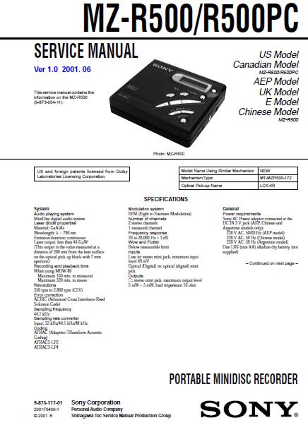 SONY MZ-R500 Minidisc Recorder Service Manual - English - Etsy