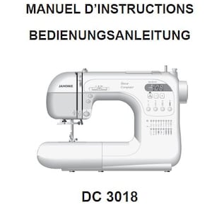 May include: A white Janome DC 3018 sewing machine with a digital display and a variety of stitch options. The machine has a white body with a silver trim and a black display.