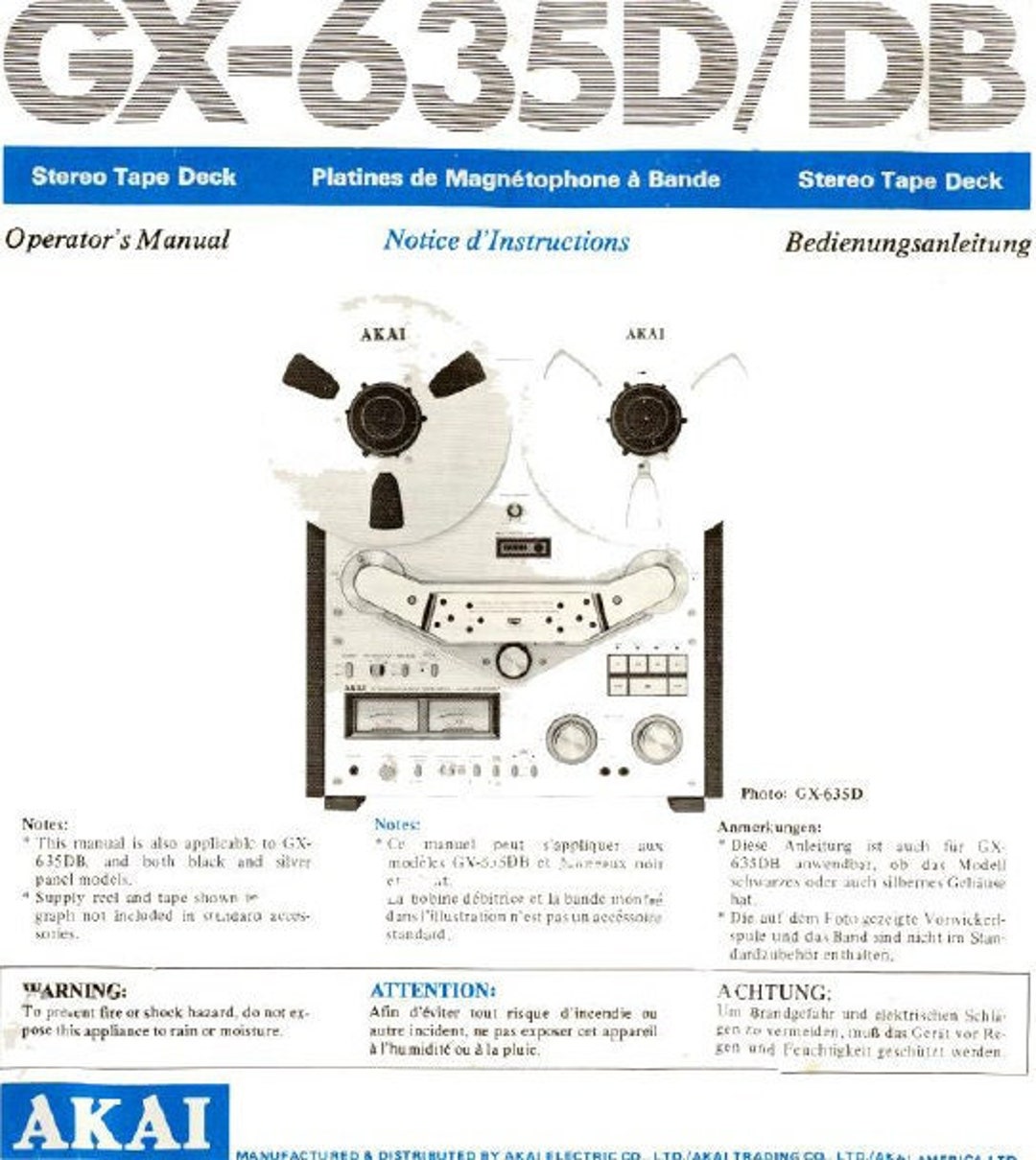 AKAI GX-635D GX-635DB Operators Manual Inc Conn Diags and Trshoot Guide  Stereo Tape Deck -  Canada