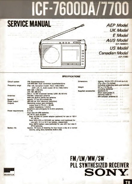 Sony ICF-7600DA/7700 Receiver Service Manual (PDF Download) - Etsy