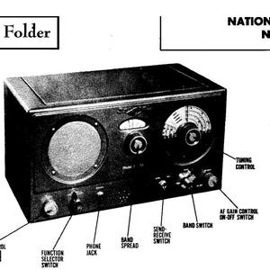 Puede incluir: Un receptor de radio National Model NC-33 negro y plateado con varios controles e interruptores etiquetados. La radio tiene un control de sintonización, un interruptor de banda, un interruptor de envío-recepción, un interruptor de extensión de banda, un interruptor de selección de función, un conector de teléfono, un interruptor de encendido-apagado de control de ganancia AF y un control de tono.