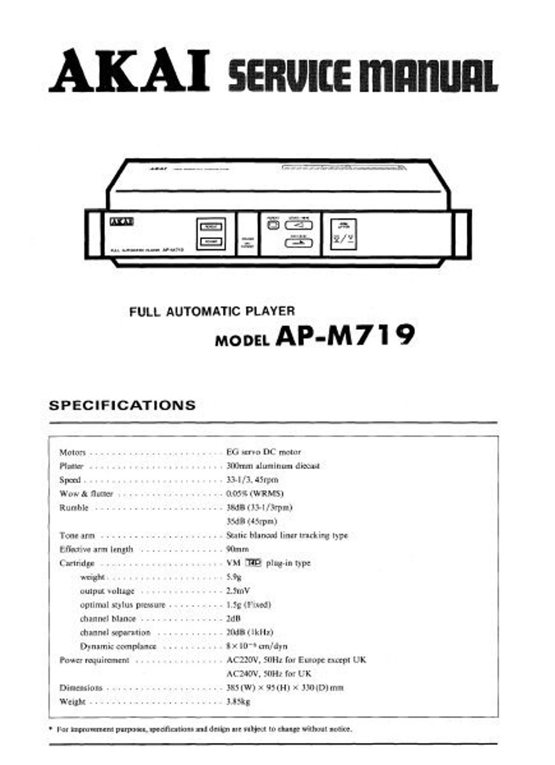 AKAI AP-M719 Service Manual Inc Blk Diag Pcbs Schem Diag and