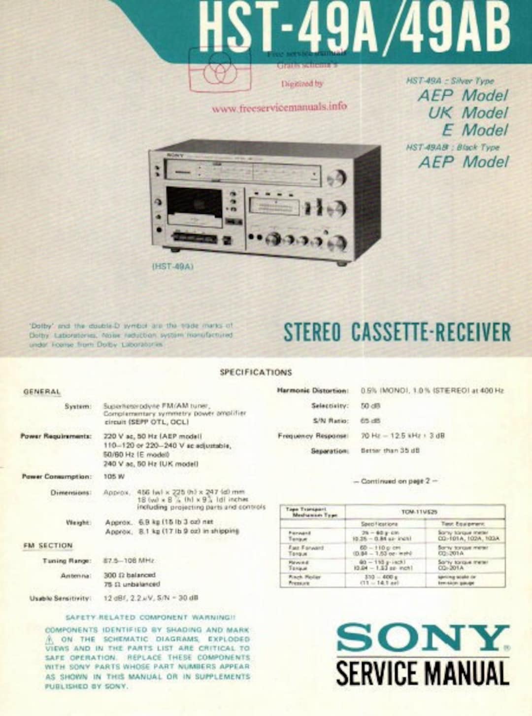 SONY HST49A HST49AB Service Manual Inc Schems Stereo Etsy