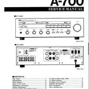 Puede incluir: Manual de servicio en blanco y negro para un amplificador integrado estéreo Yamaha A-700. El manual incluye diagramas de los paneles frontal y trasero, junto con una tabla de contenidos y especificaciones técnicas.
