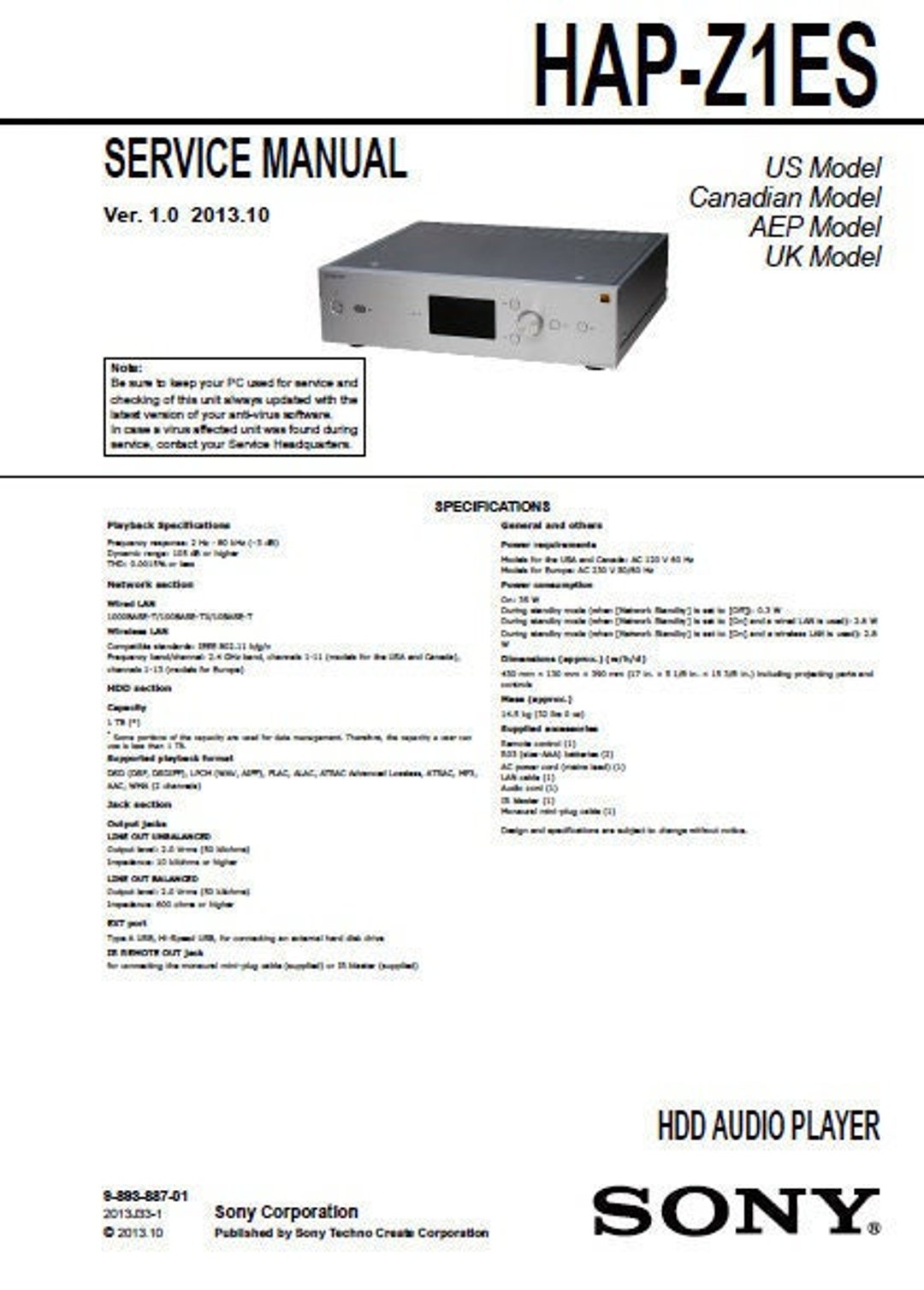 SONY HAP-Z1ES Service Manual Inc Schems Hdd Audio Player - Etsy