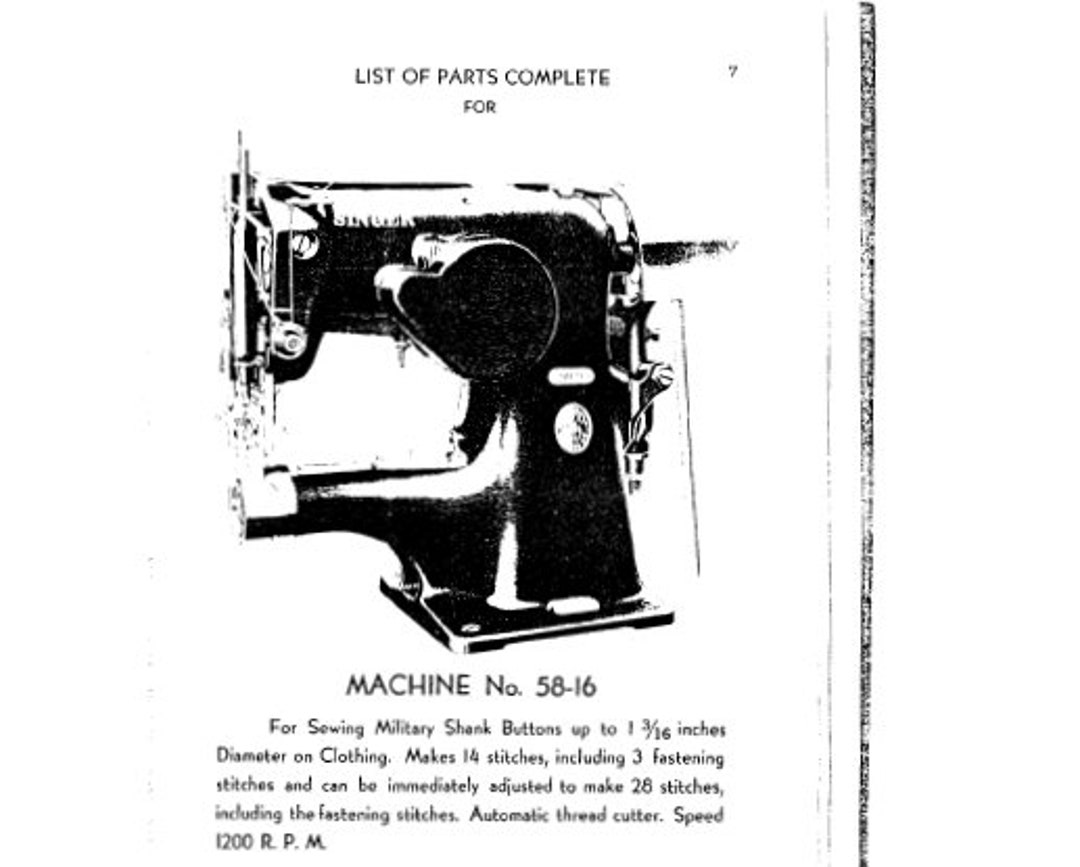 Singer 58 SINGER 58-16 List of Parts Complete Sewing Machine in ENGLISH - Etsy