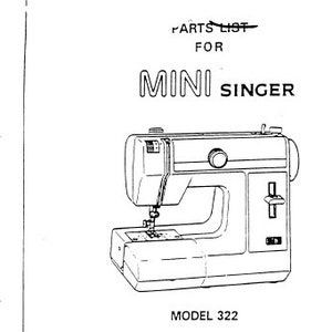 May include: Line drawing of a Mini Singer sewing machine, model 322, with the text "Parts List For Mini Singer" at the top. The sewing machine is white with black outlines, showing the needle, bobbin, and other components.