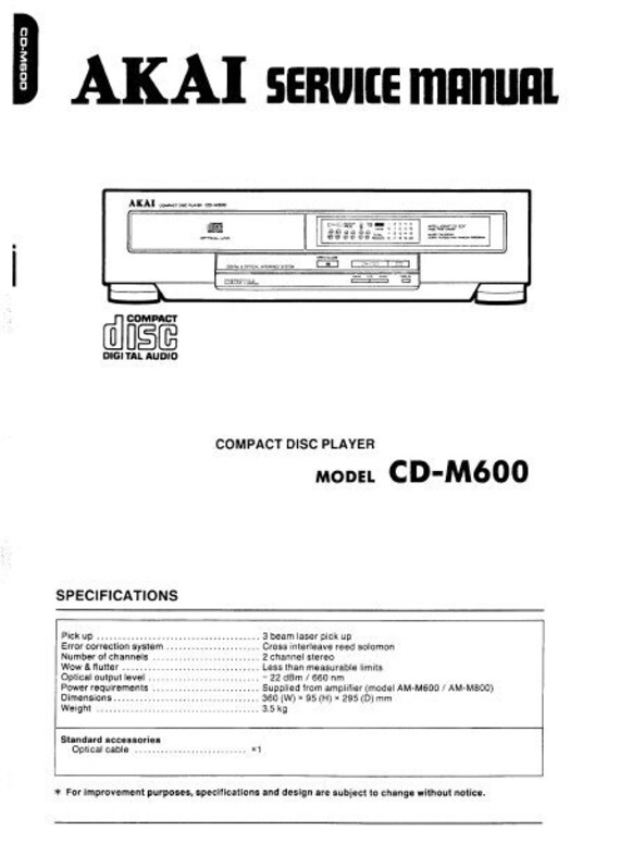 AKAI CD-M600 CD Player Service Manual: Schematics & Parts List - Etsy