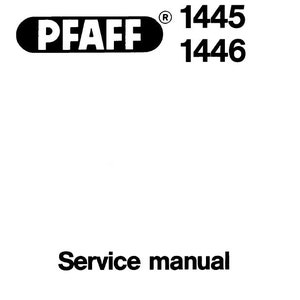 Puede incluir: Un fondo blanco con el texto negro "PFAFF" dentro de un óvalo negro, los números "1445" y "1446", y las palabras "Service manual". El texto está en una fuente sans-serif.