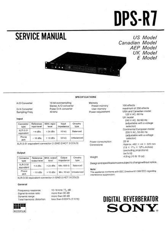 SONY DPS-R7 Service Manual Inc Schems Digital Reverberator - Etsy