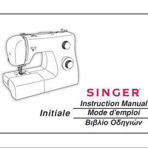 Może przedstawiać: Czarno-biały rysunek maszyny do szycia z tekstem "SINGER" i "Instruction Manual" w kolorze czerwonym. Tekst "Initiale", "Mode d'emploi" i "Βιβλίο Οδηγιών" jest również zawarty.