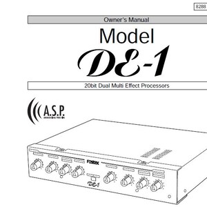May include: A black and white line drawing of a 20-bit dual multi-effect processor, model DE-1, with the brand name "FOSTEX" printed on the front. The device has multiple knobs and a black and white graphic of a sound wave.