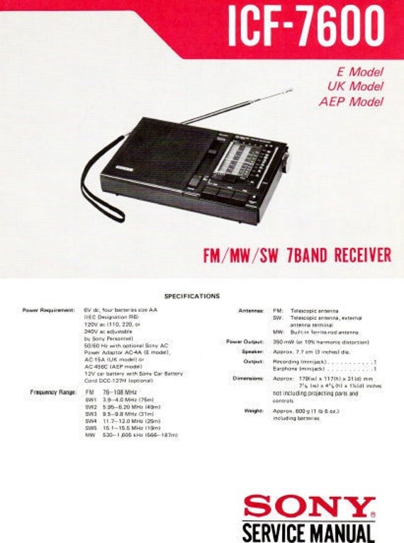 SONY Icf-7600 Service Manual Fm Mw Sw 7 Band Receiver 16 Pages in