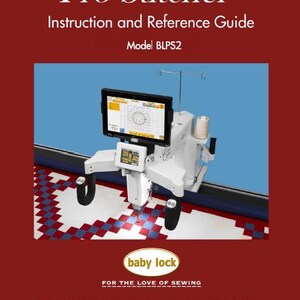 May include: White Pro-Stitcher sewing machine with a red and white checkered fabric underneath. The machine has a digital screen and a needle that is ready to sew. The text "baby lock" is printed in red and white on the machine. The text "FOR THE LOVE OF SEWING" is printed in white below the logo. The text "Baby Lock Consumer Helpline: 800-313-4110" is printed in white below the text. The text "www.babylock.com" is printed in white below the helpline number.