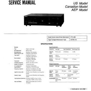 May include: A black Sony DTC-790 digital audio tape deck service manual. The manual includes specifications, input and output connectors, and other technical details. The text "SERVICE MANUAL" is at the top.