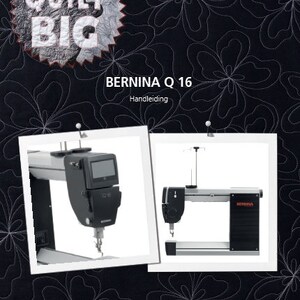 May include: A Bernina Q 16 longarm quilting machine with a black and silver frame and a red control panel. The machine is shown in two different positions, one with the needle down and the other with the needle up. The image has a black background with a white floral pattern.