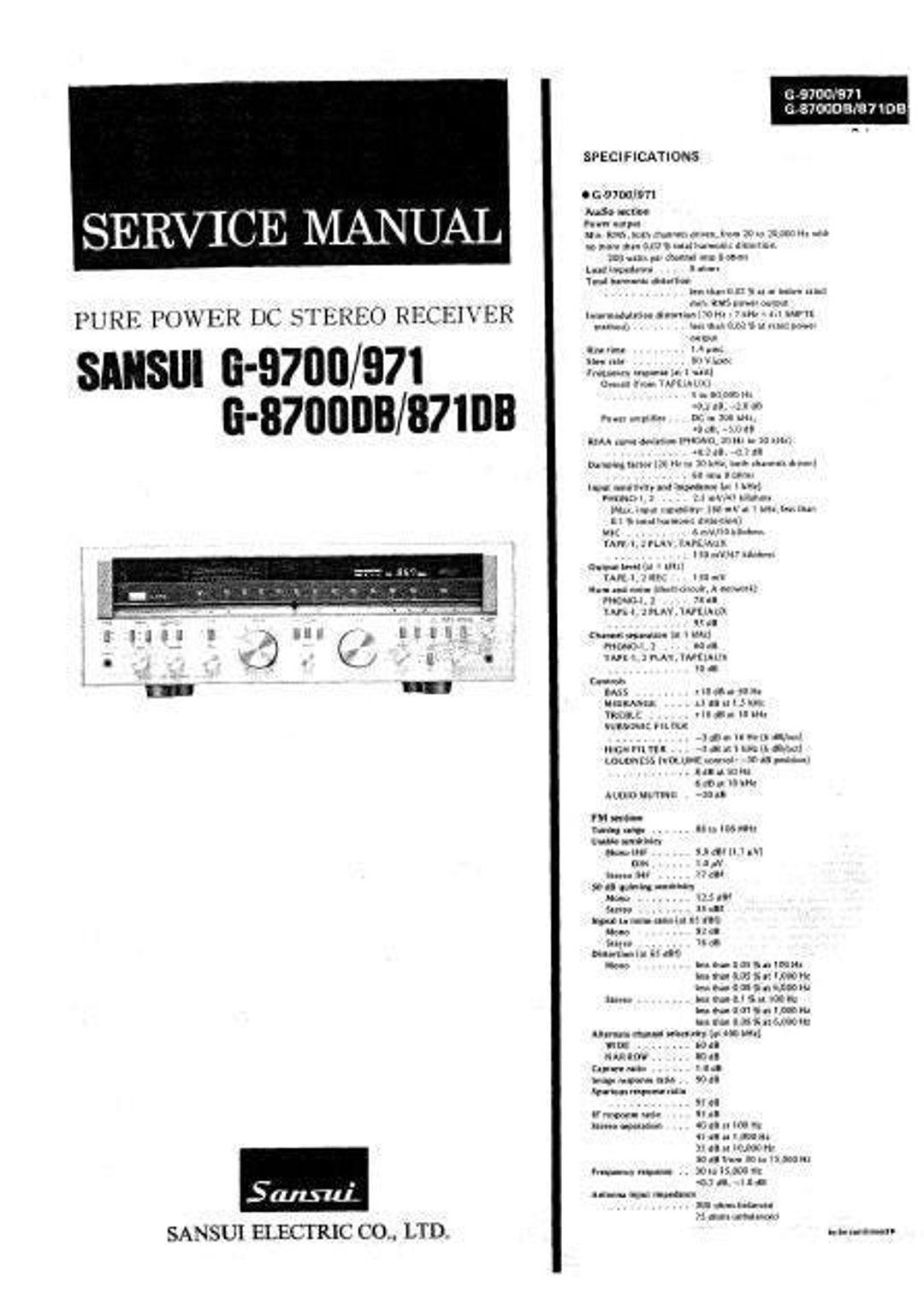 Sansui G-9700 G-971 G-8700DB G-871DB Stereo Receiver Service