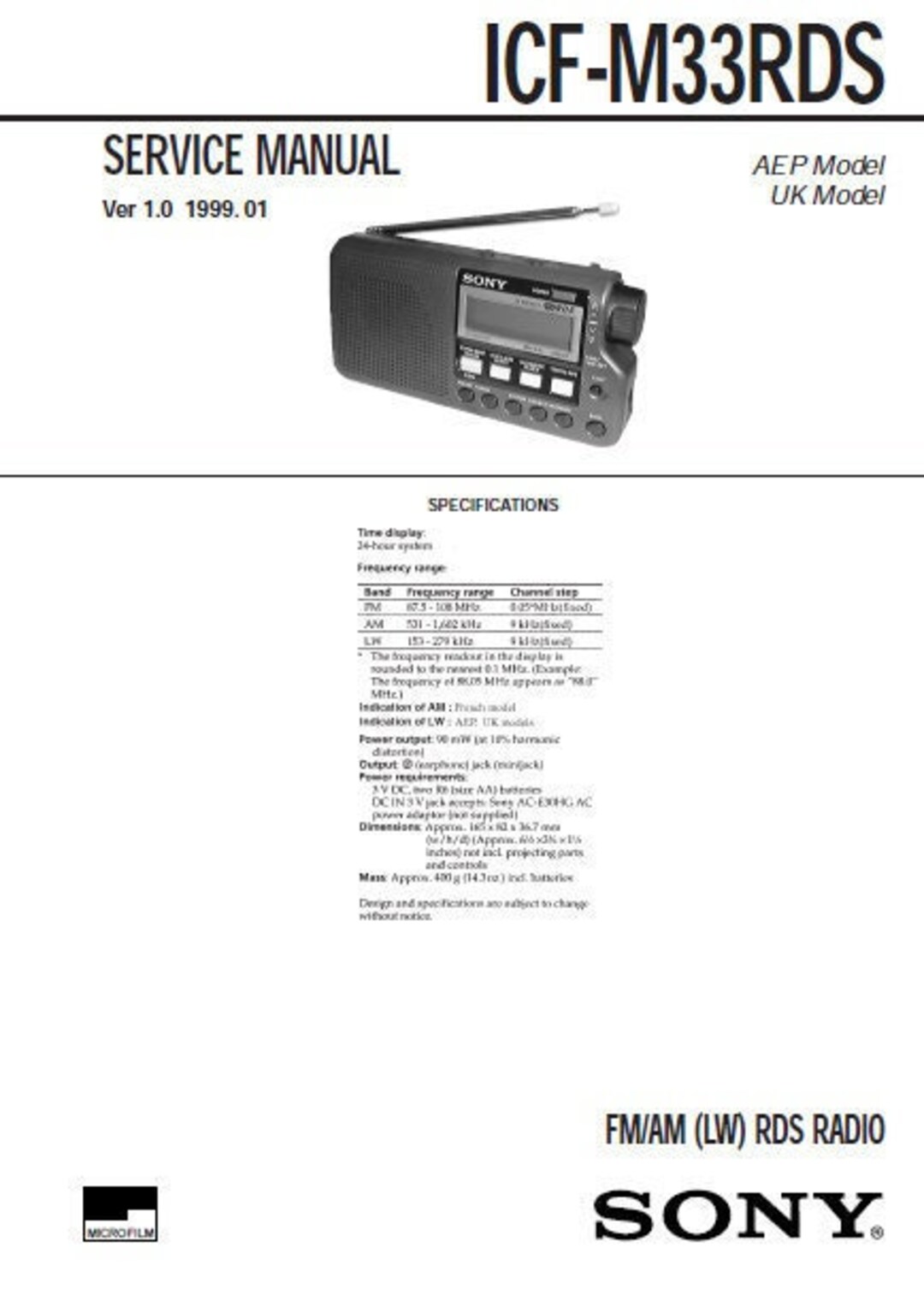Radio Sony ICF-M33RDS Portable FM/PO - Occasion état Marche - Worldwide Shipping