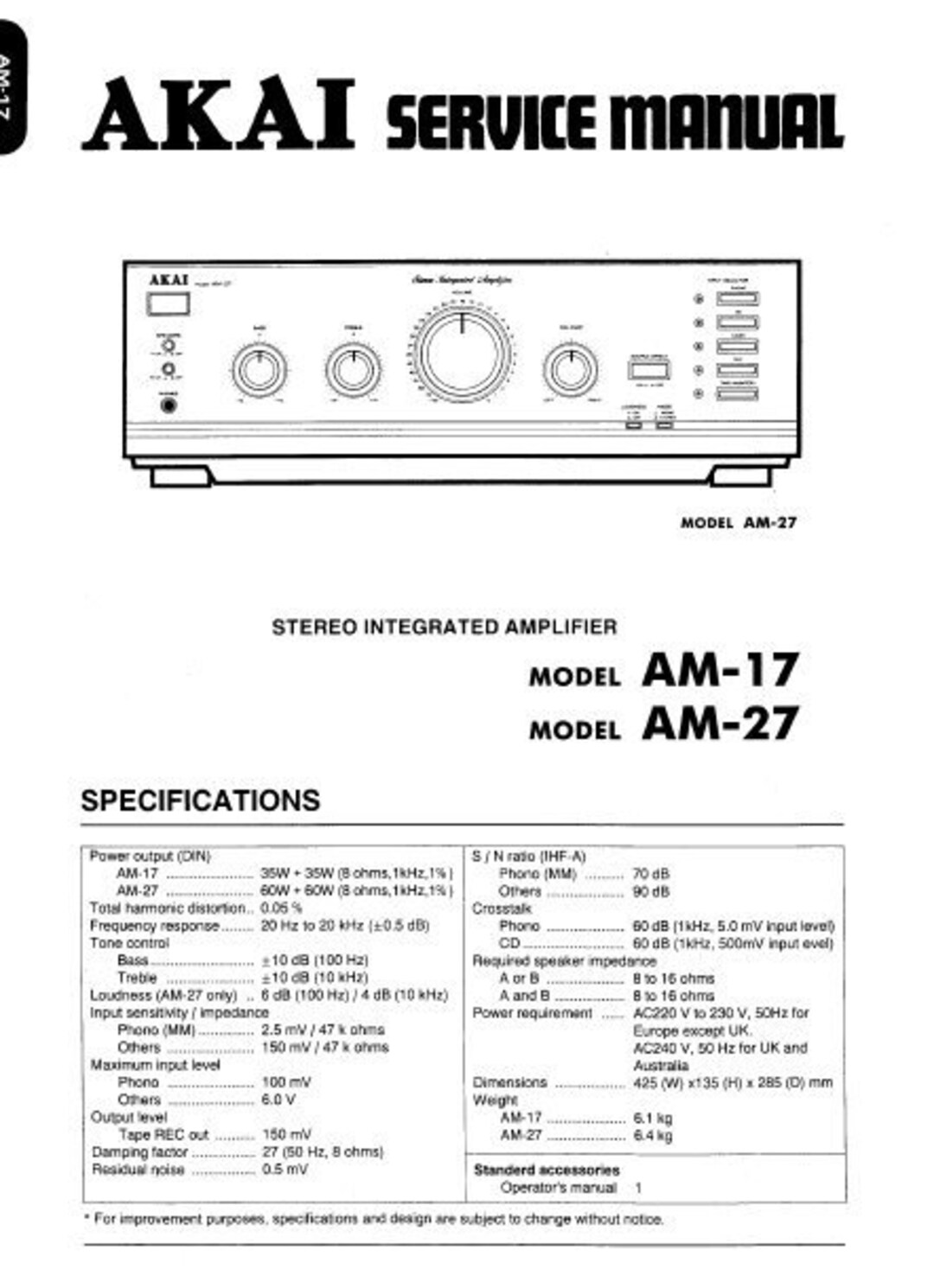 AKAI AM-17 AM-27 Amplifier Service Manual: Block & Schematic