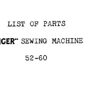 Peut inclure: Texte noir et blanc sur fond blanc. Le texte indique "LIST OF PARTS SINGER* SEWING MACHINE 52-60".