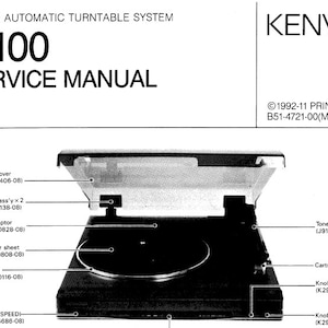 Może przedstawiać: Czarny podręcznik serwisowy systemu gramofonu automatycznego stereo Kenwood P-100 z diagramem gramofonu i jego części oznaczonych numerami części i opisami. Podręcznik zawiera informacje o prawach autorskich i tekst "©1992-11 DRUKOWANY W JAPONII B51-4721-00(MC) 2447".