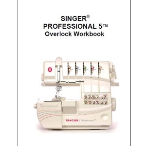 May include: White Singer Professional 5 overlock sewing machine with a red 'S' logo and a clear plastic cover over the needles. The machine has a white base and a black and white patterned design on the side.