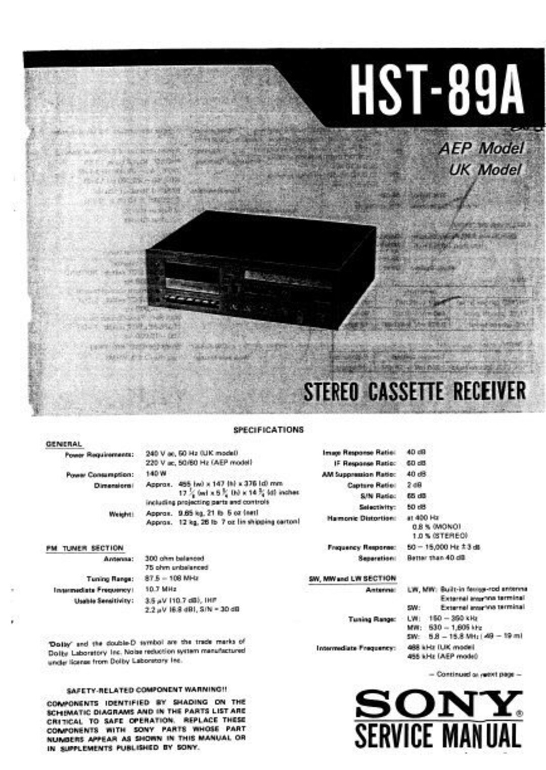 SONY HST89A Service Manual Inc Schems Stereo Cassette Receiver in