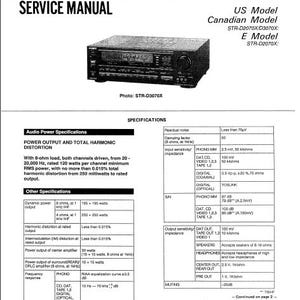 Könnte beinhalten: Ein schwarzes und silbernes Sony STR-D2070X/D3070X FM-Stereo-/FM-AM-Receiver-Servicehandbuch. Das Handbuch enthält Spezifikationen für den Receiver, einschließlich der Ausgangsleistung, der Verzerrung und des Frequenzgangs.
