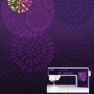 May include: A white sewing machine with a purple and white design. The machine has a large screen and a variety of buttons and dials. The text "creative performance" is printed in pink below the machine.