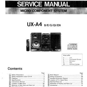 May include: A black and silver JVC UX-A4 micro component system service manual. The manual includes a block diagram, wiring connections, standard schematic diagram, location of P.C. board parts, electrical parts list, illustration of packing and parts list, and accessories.