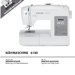 May include: White Singer sewing machine with the model number 6180. The machine has a black and white digital display and the text "Singer Brilliance" on the front.